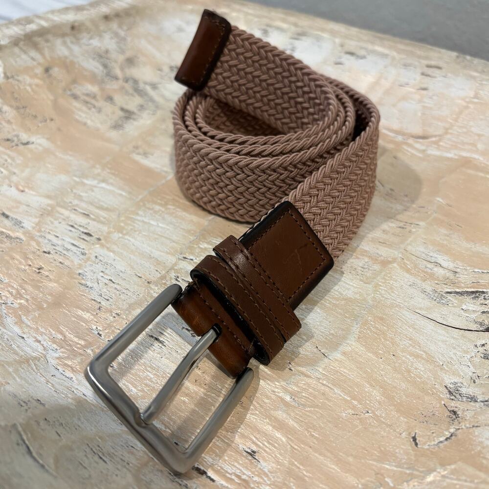 DOCKERS Men's Belt Braided Elastic/Faux Leather Tan/Cognac Sz S (30-32) 11DK0360